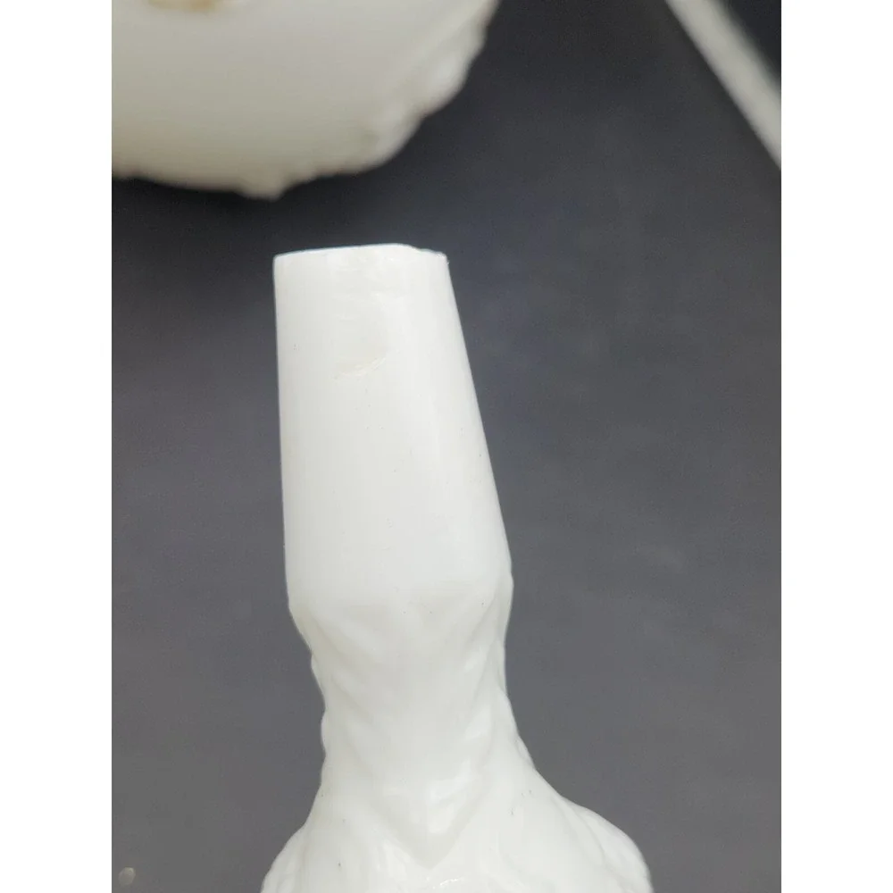 Set Of 2 Antique Milk Glass Vanity Bottles With Stoppers Gold Trim